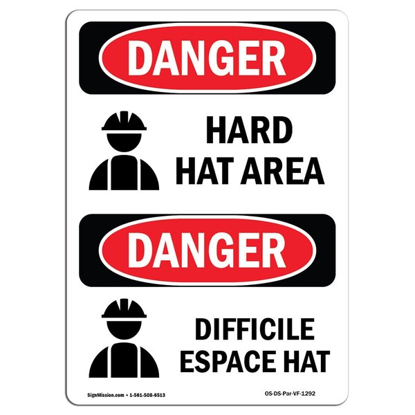 Signmission OSHA Danger Sign, Hard Hat Area Bilingual, 10in X 7in Rigid Plastic, OS-DS-P-710-VF-1292 OS-DS-P-710-VF-1292 - main